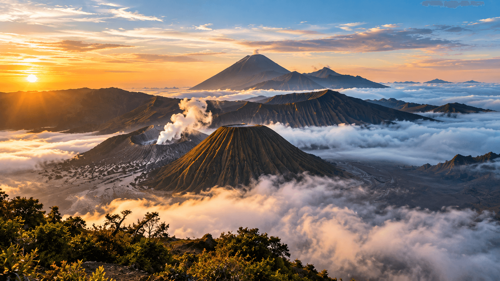 A private group looking out over the Bromo caldera at sunrise